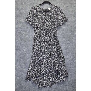 Calvin Klein Dress Womens 10 Black Floral Wrap Flutter Sleeve Ruffle Midi Lined